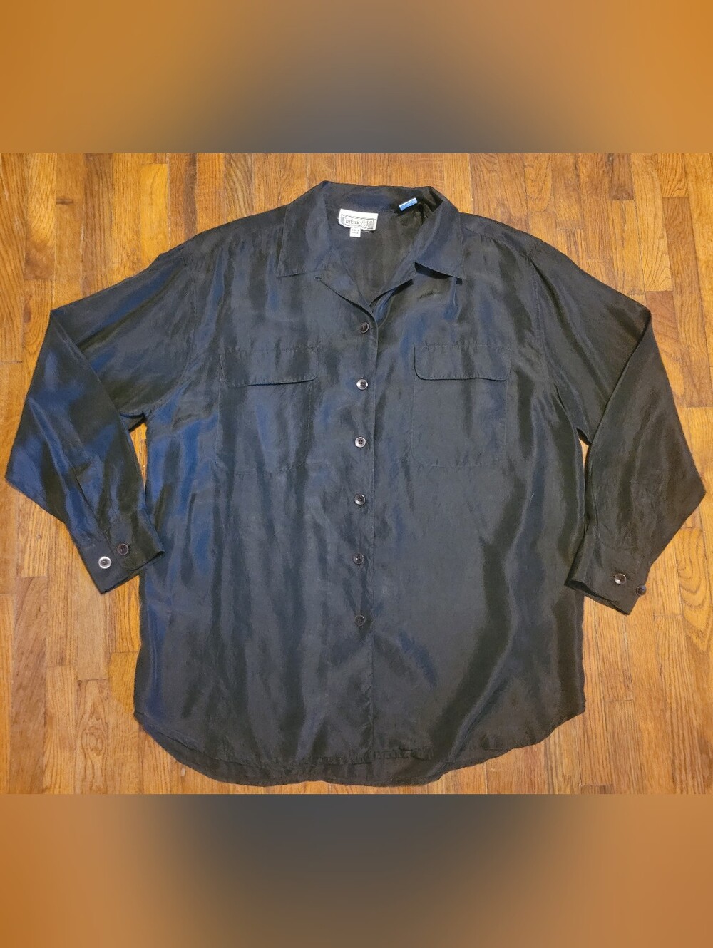 Christie & Jill 100% Silk Black Button Up Down Long Sleeve Blouse Shirt Top L